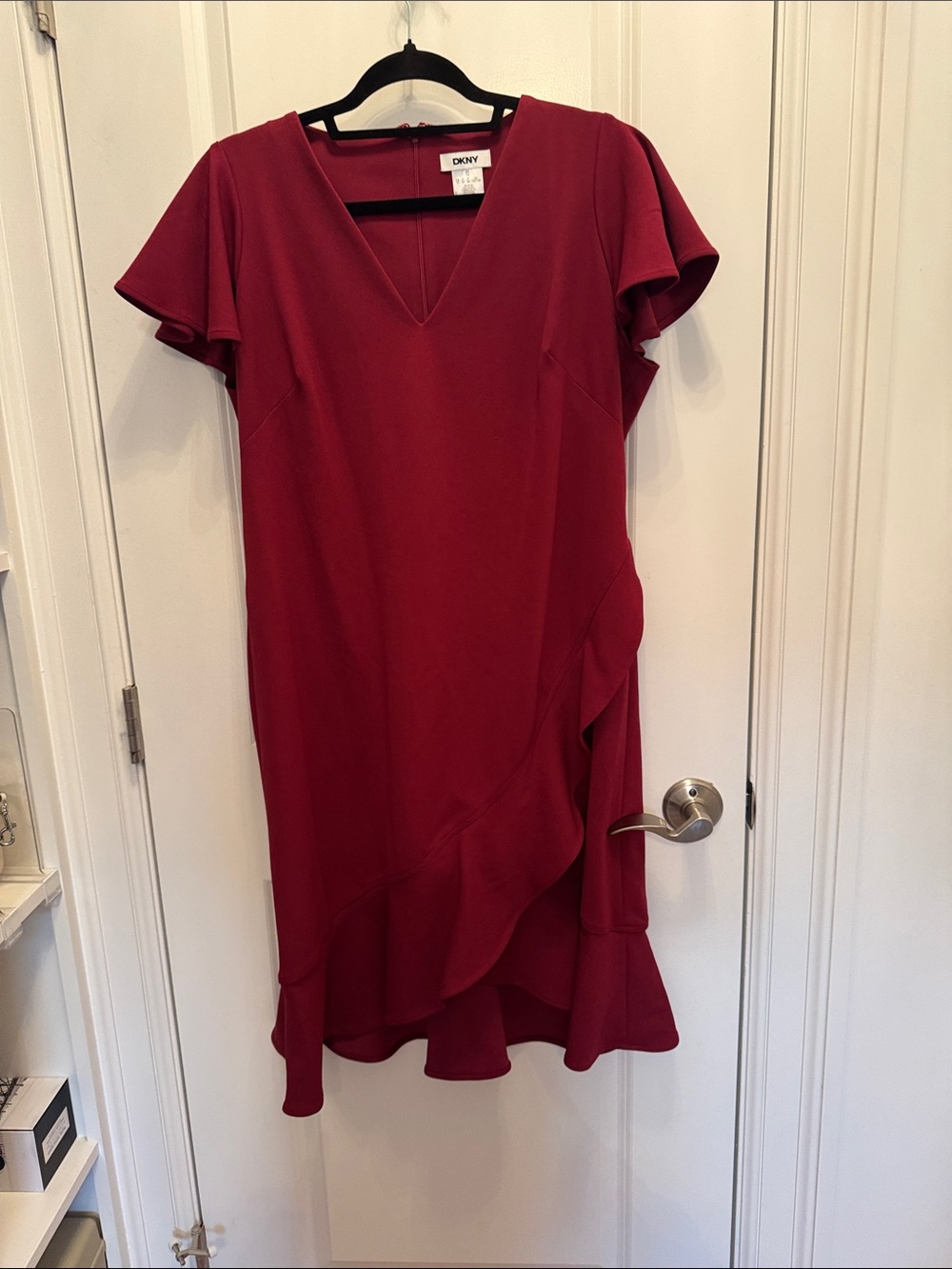 DKNY Burgundy V-Neck Ruffle Midi Dress
